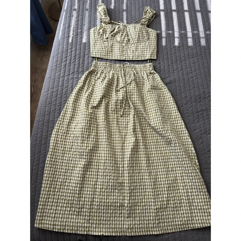 Olive Gingham A-Line Skirt Set - Women - Picture 2 of 7